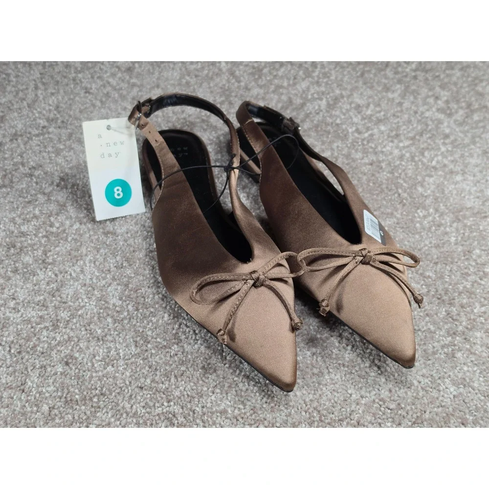 A New Day Camille Taupe Satin Pointed Toe Slingback Bow Flats Shoes Womens 8 NEW